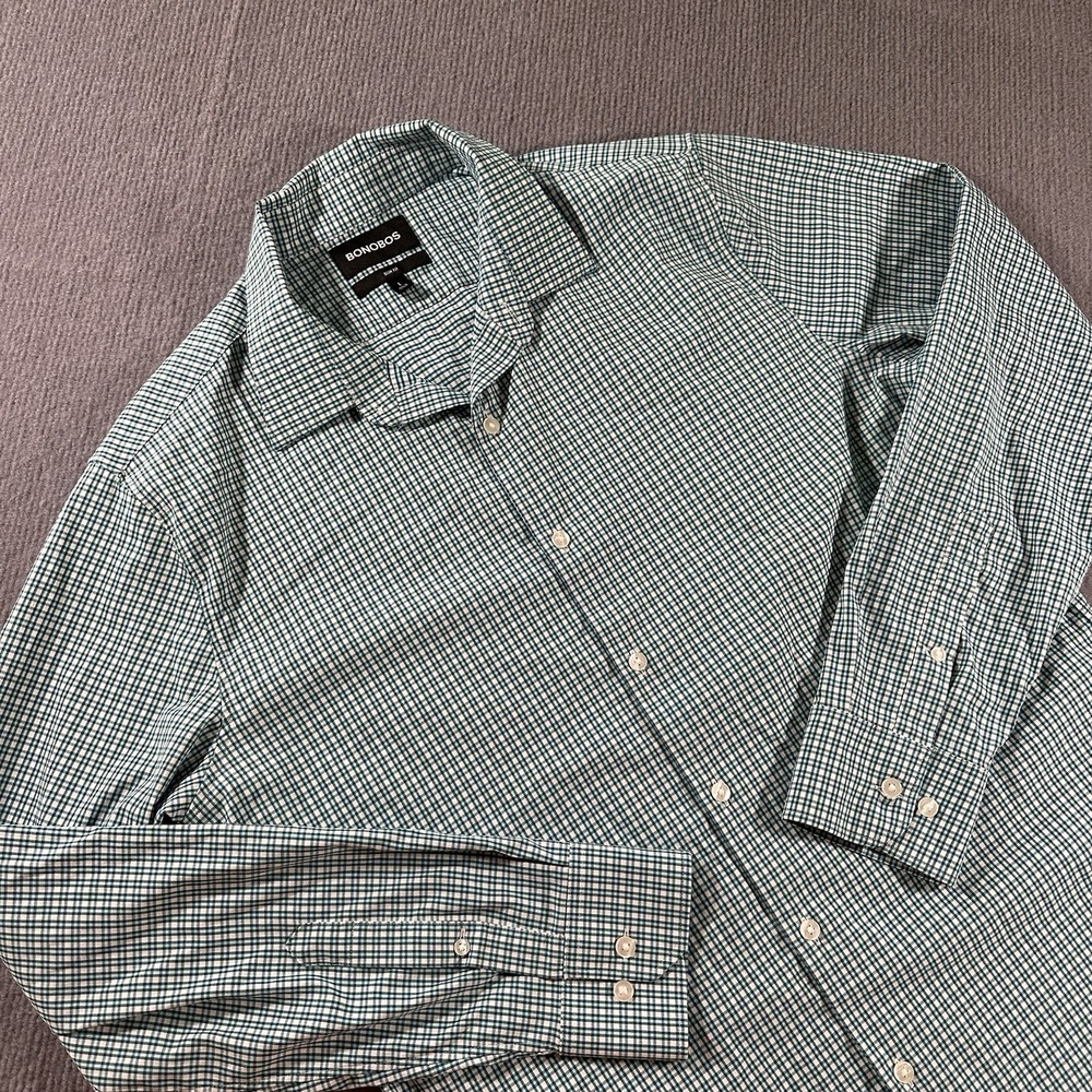 Bonobos Shirt Mens Large Green Check Slim Fit Performance Button Up‎ Stretch